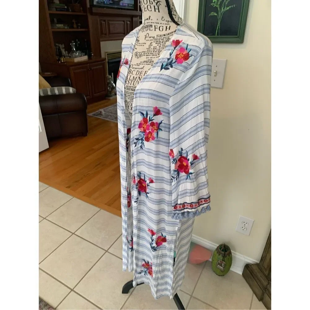 Altar'd State Blue Striped Embroidered Floral Boho Kimono Duster Cardigan